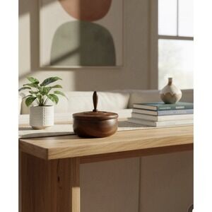 Vintage Wooden Bowl With Lid Mixed Walnut Hand Turned MCM 70's Era Trinket Box